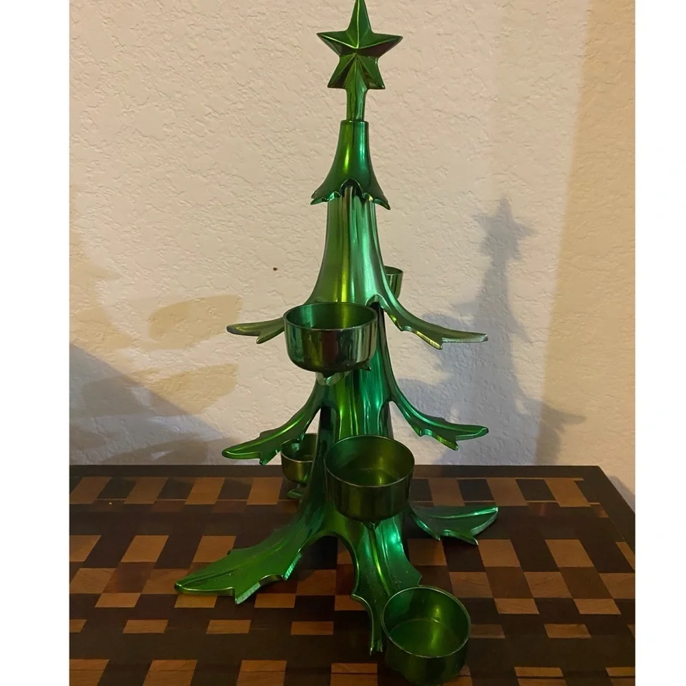 Vtg. Rare Pottery Barn 12” Green Heavy Metal Christmas Ball Candle Holder Tree